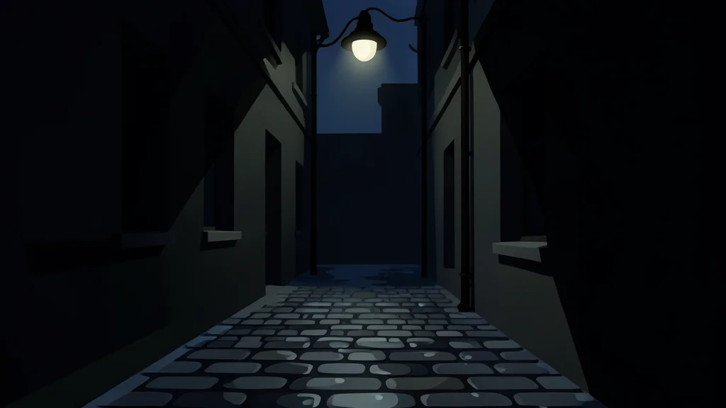 A dark, shadowy alleyway with a single streetlamp casting long shadows on wet cobblestones
