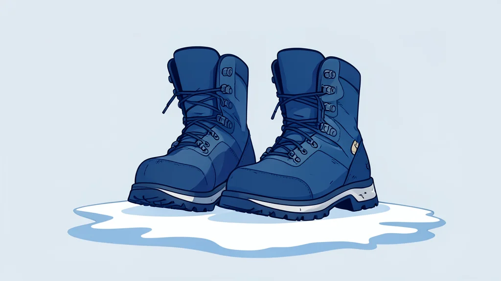 A pair of heavy-duty winter combat boots standing on a patch of snow and ice