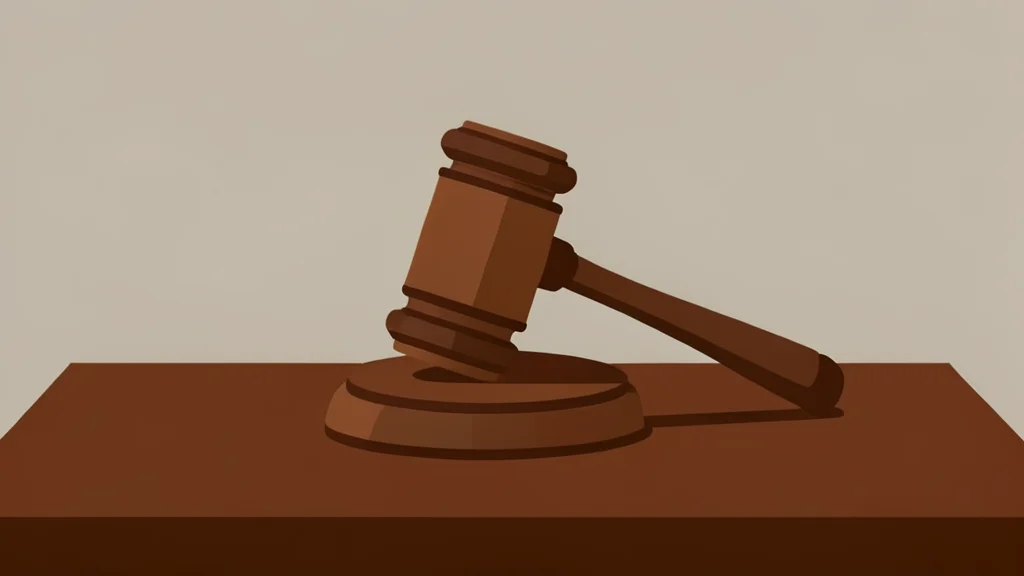 A wooden gavel resting on a polished desk surface