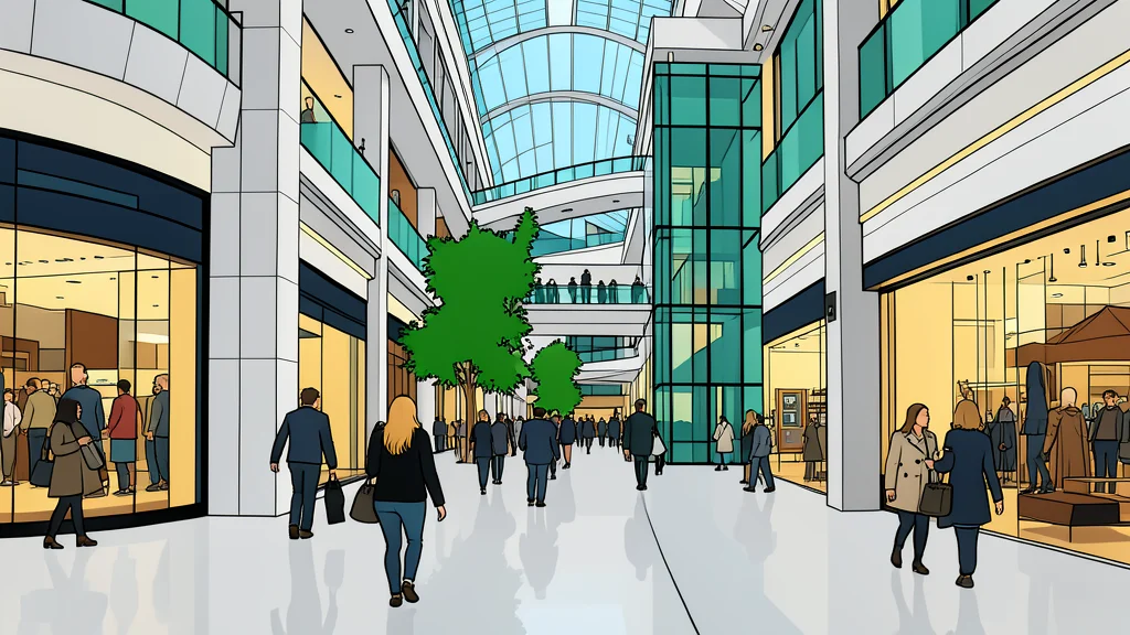 A modern glass shopping center facade with large windows and a paved plaza in front