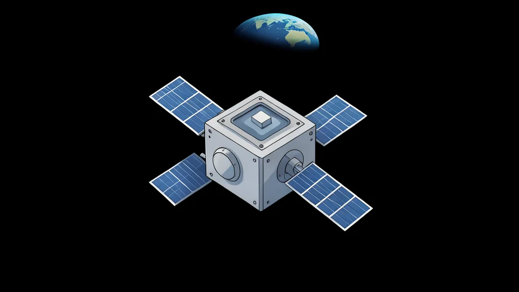 A small, cube-shaped satellite with solar panels extending from its sides, floating against the blackness of space with Earth visible in the distance.