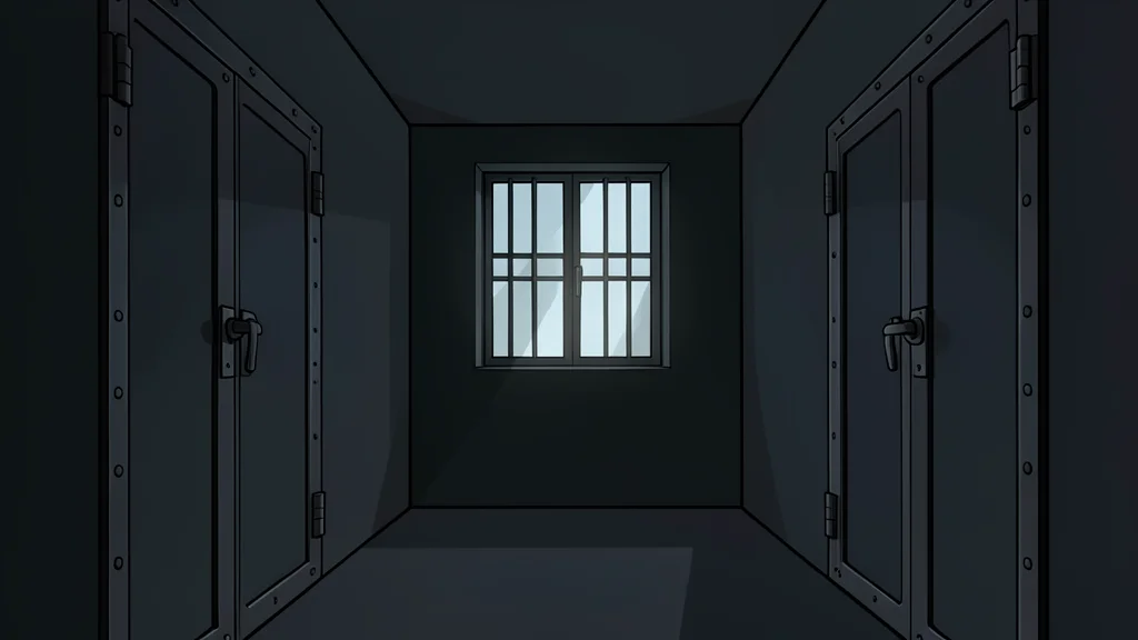 A dark, narrow corridor with heavy metal doors and a single barred window letting in a thin beam of light