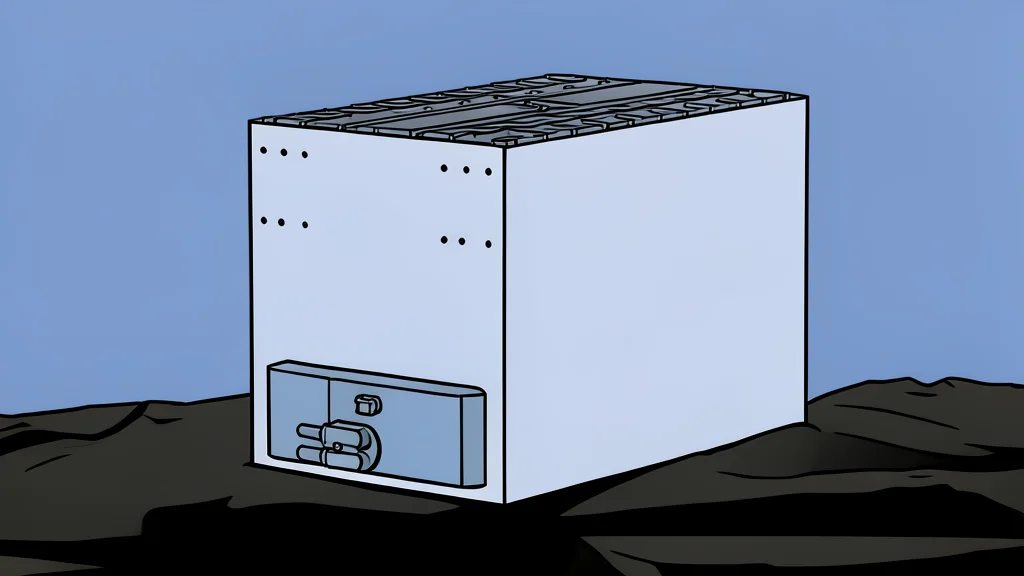 A large, rectangular industrial battery pack with visible modular segments and heavy-duty metal casing, sitting on a concrete floor in a warehouse setting.