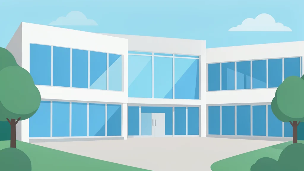 A modern university campus building with glass windows and a quiet courtyard