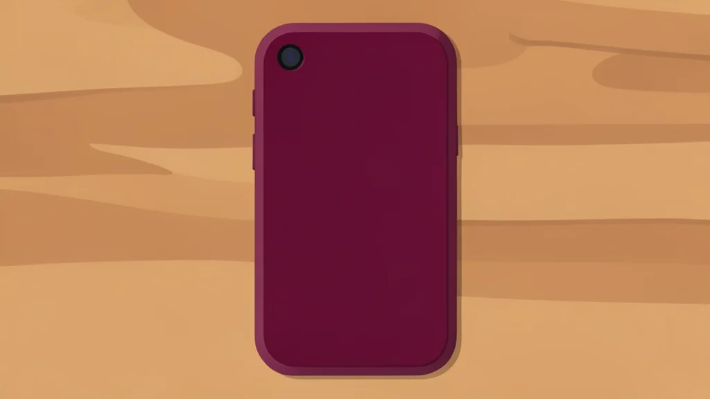 A smooth, curved smartphone back panel in a deep burgundy shade resting on a wooden table surface