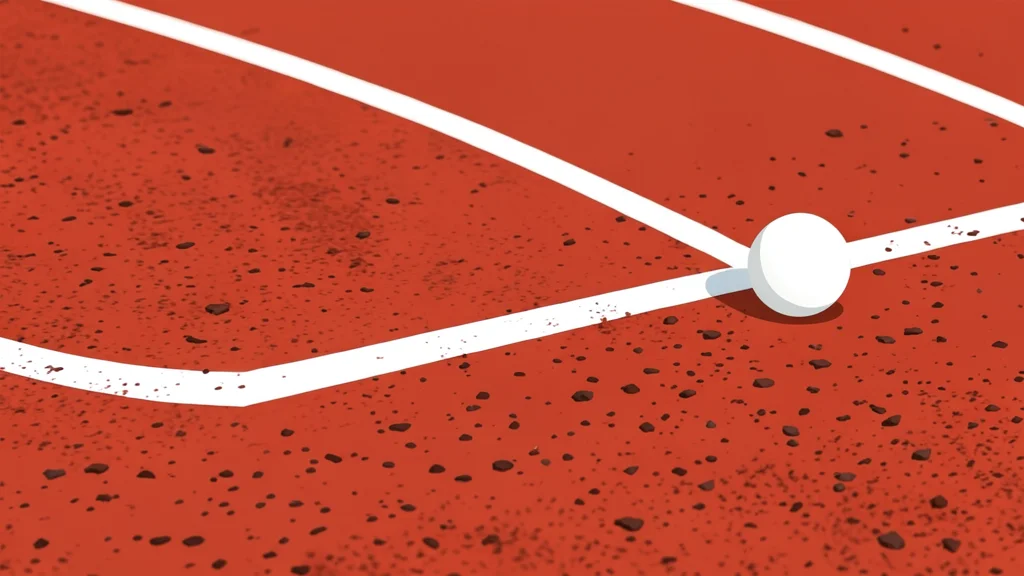 A red clay tennis court with white boundary lines and a net stretched across the center