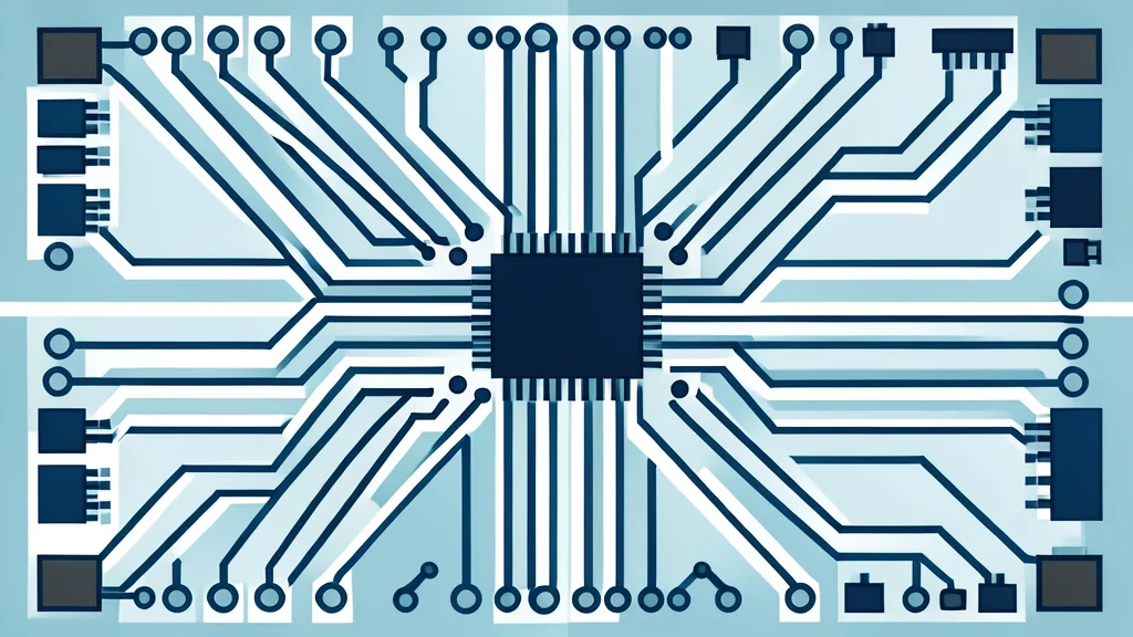 A flat vector illustration of a complex circuit board with intricate pathways and microchips.