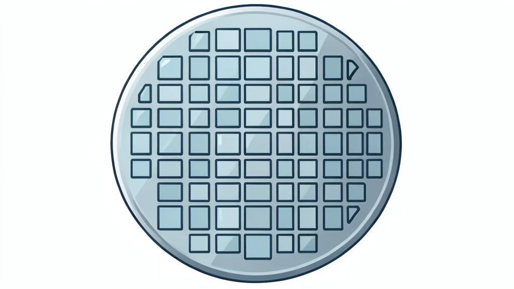 A close-up view of a silicon wafer with a grid of square integrated circuits