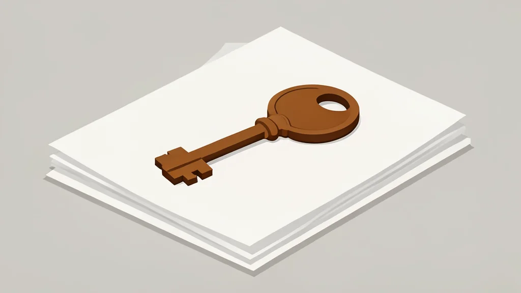 A wooden house key resting on a stack of paper documents