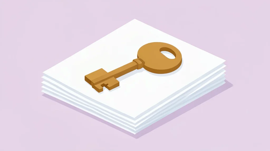 A wooden house key resting on a stack of paper documents