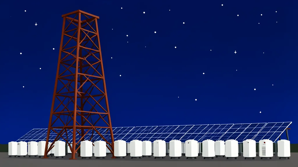 A large solar panel array installed on a flat, open field adjacent to the rusted steel framework of a retired industrial power plant.