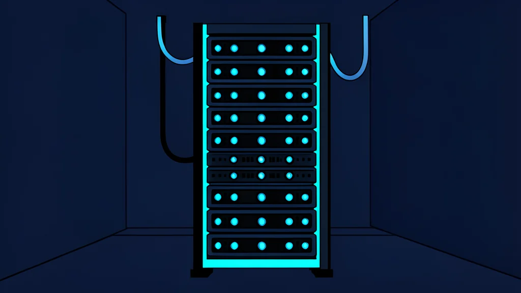 A server rack in a data center with glowing blue status lights