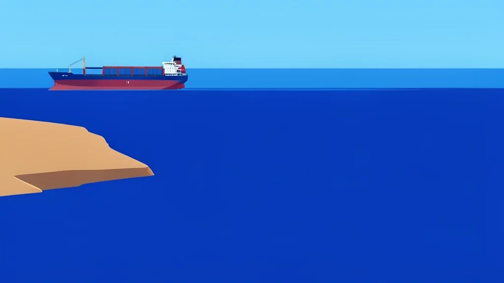 A wide expanse of deep blue sea with a narrow strip of arid coastline and a single large cargo ship navigating through the water
