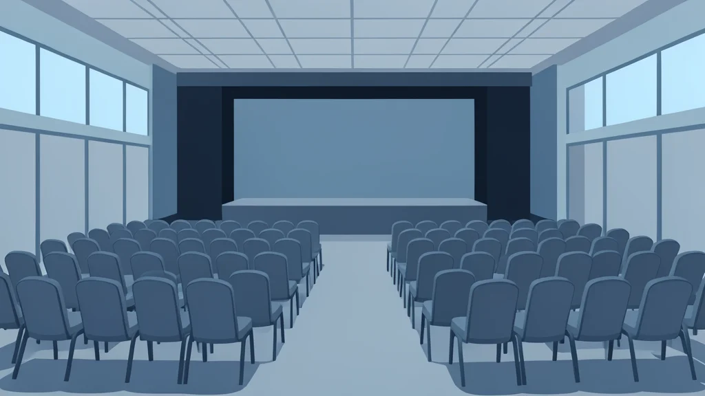 A large convention center hall with rows of empty chairs and a stage