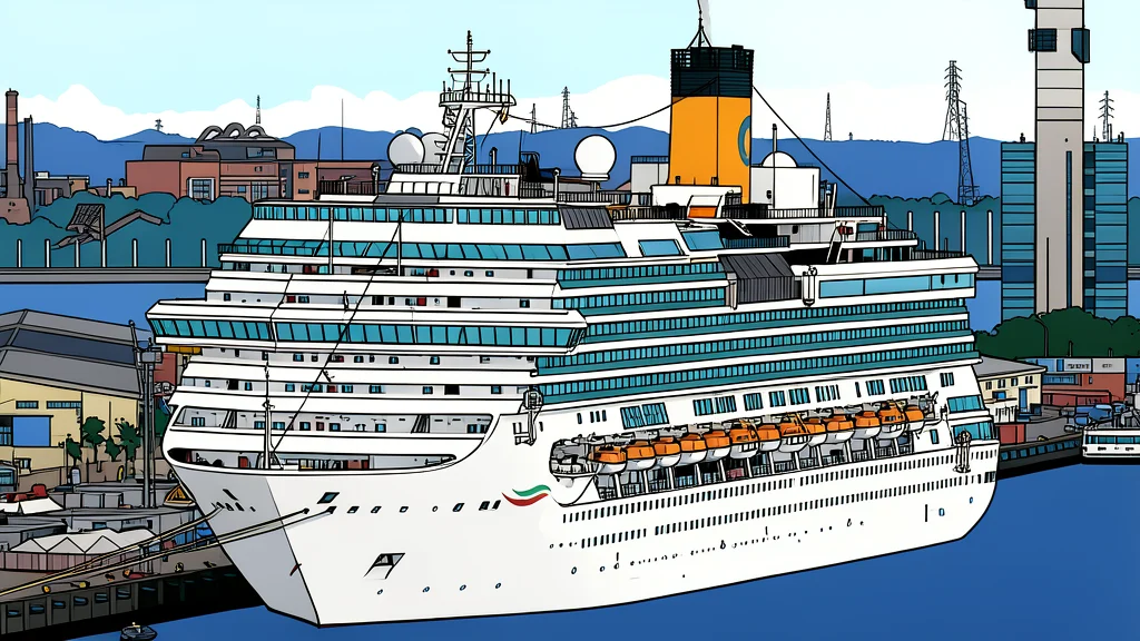 A large white cruise ship docked at a modern pier with a city skyline in the background
