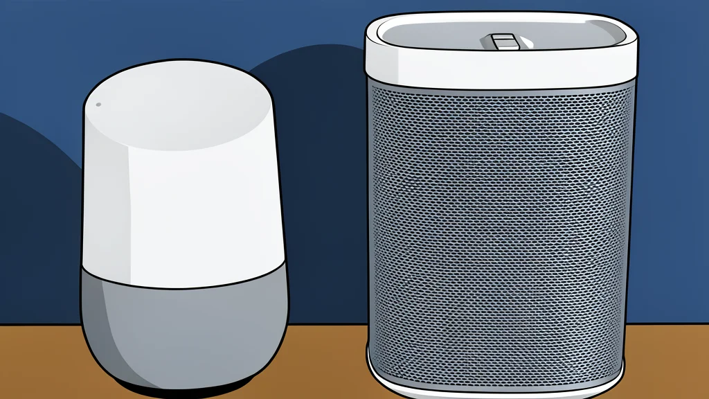 A sleek smart speaker on a wooden surface near a door and thermostat