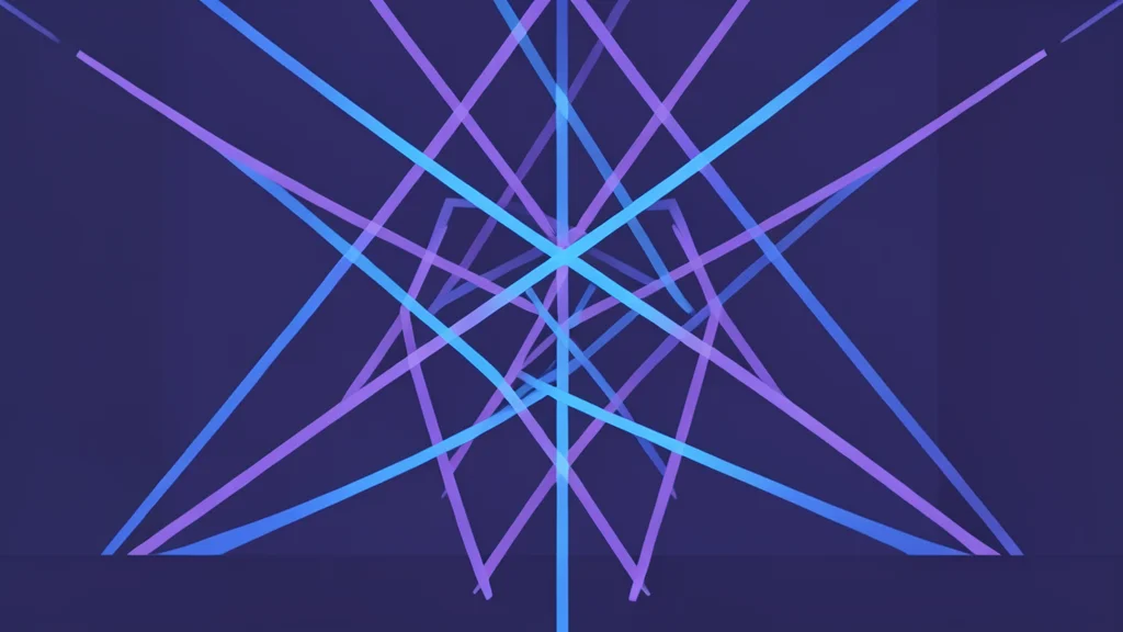 A complex lattice of glowing blue and purple light beams intersecting in a dark, sterile laboratory environment