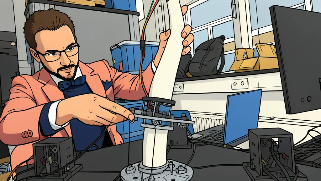 A flat-vector illustration of a compact wheeled robot base with a flexible, mechanical arm extending upward in a clean industrial space.