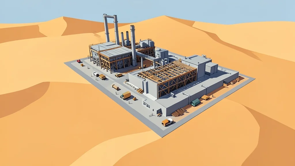 A flat-vector illustration of a desert landscape featuring a large industrial facility under construction, viewed from a high angle.