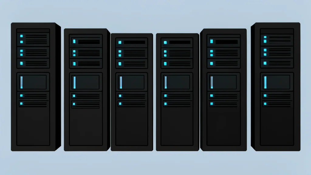 A modern server room with rows of black computer towers and glowing blue status lights