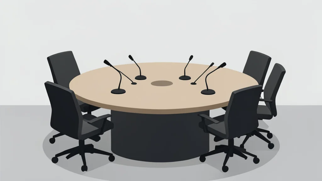 A large, circular conference table with empty chairs and microphones in a modern meeting room