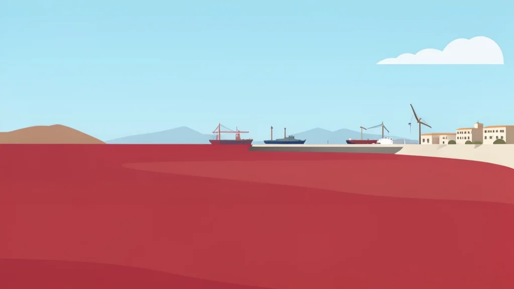 A calm stretch of the Red Sea coastline with a distant view of a port facility