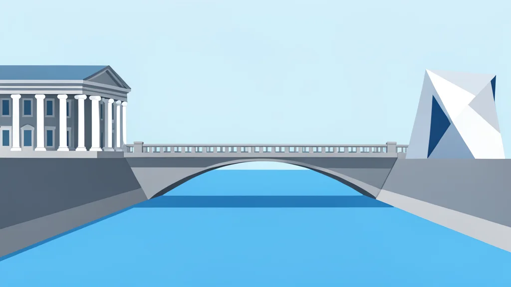 A stone bridge connecting two distinct architectural styles over a calm river.