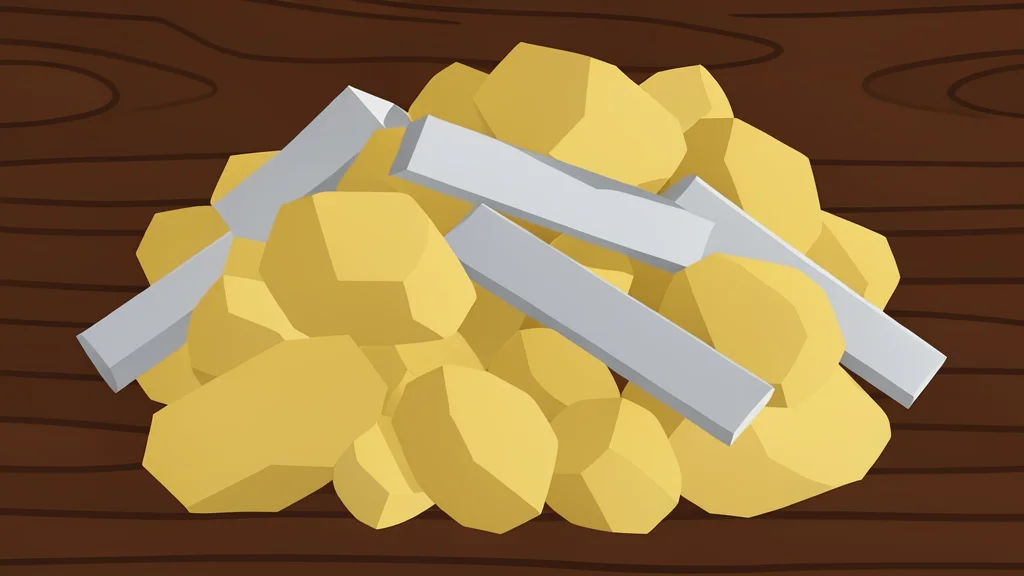 A pile of raw, unrefined gold nuggets and silver bars resting on a dark wooden surface