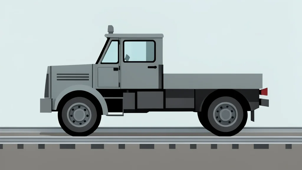 A flat-vector illustration of a heavy industrial vehicle moving along a paved surface with a metallic rail embedded in the ground