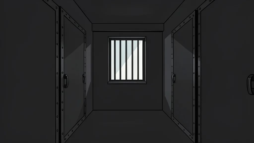 A dark, narrow corridor with heavy metal doors and a single barred window letting in a thin beam of light