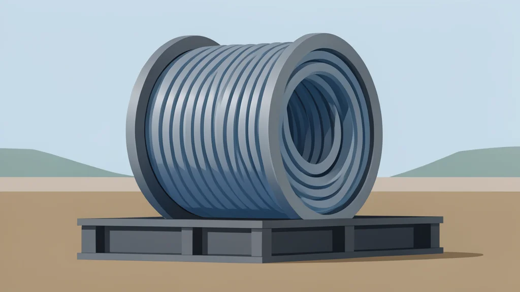 A heavy steel coiled tubing spool resting on a rugged industrial skid in an outdoor drilling yard