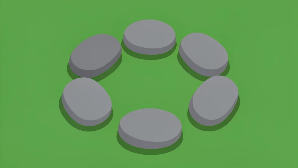 A cluster of seven large, smooth, grey stones arranged in a circle on a grassy field