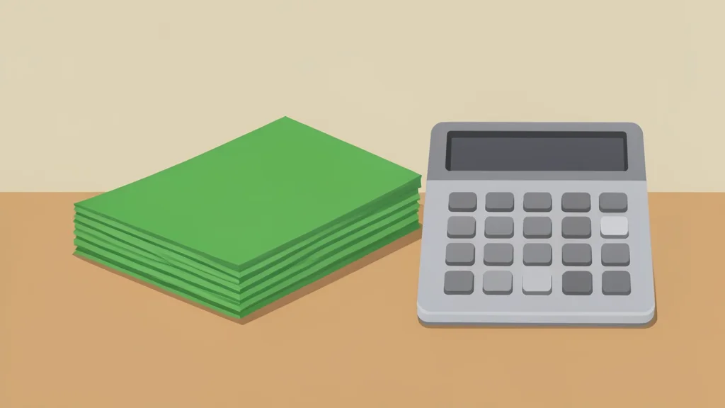 A stack of paper currency notes and a calculator on a wooden desk