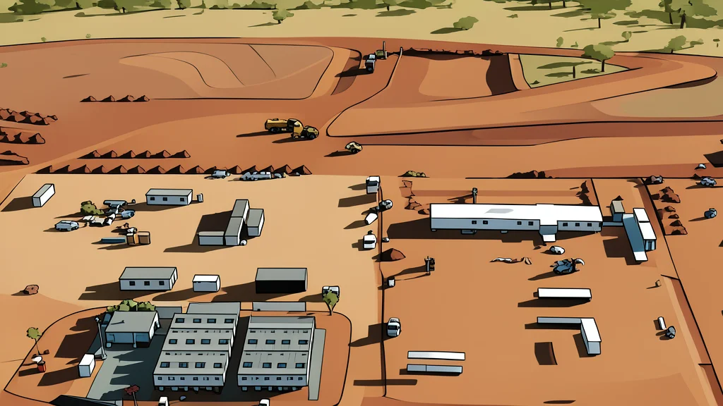 A vast open-pit mine with heavy excavators moving raw ore piles under a clear sky