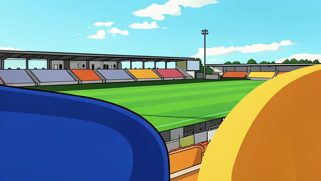 A flat-vector illustration of a green grass football pitch with white lines and a goal net under a bright sky.