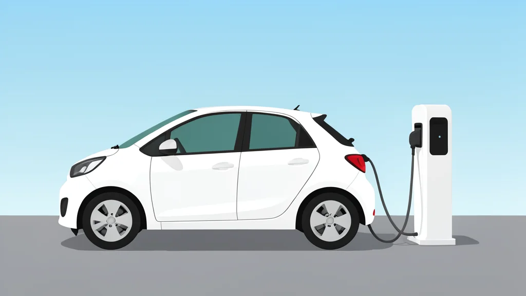 A small, modern electric car parked on a smooth asphalt surface next to a charging station