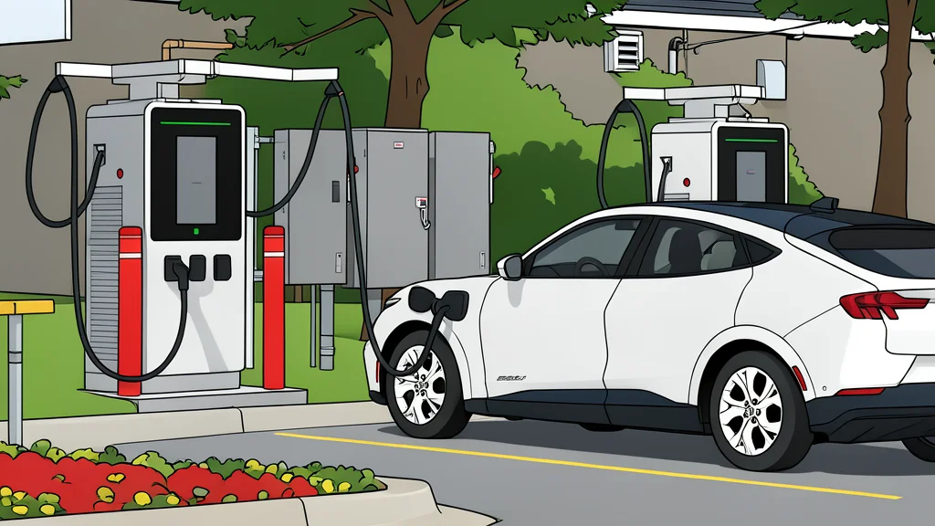 A white electric vehicle plugged into a charging station in a parking lot