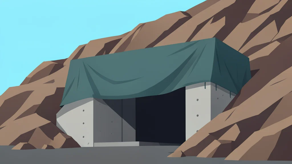 A flat-vector illustration of a reinforced concrete bunker entrance set into a rocky hillside, partially covered by a heavy industrial tarp.