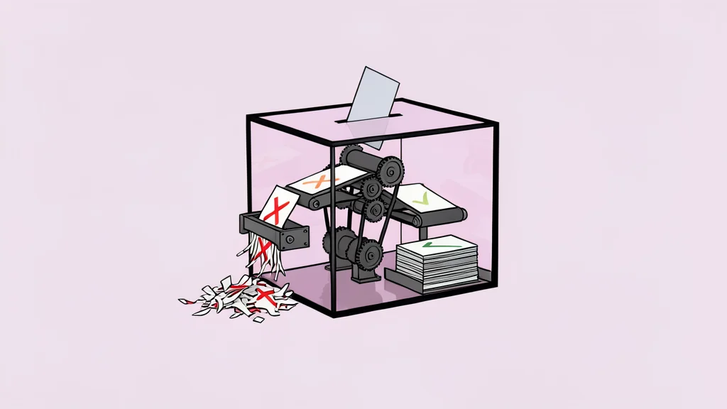 A stack of blank paper ballots resting on a wooden table next to a red ink stamp.