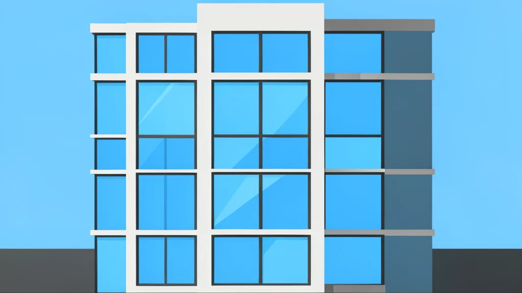 A modern apartment building facade with large glass windows reflecting a clear sky