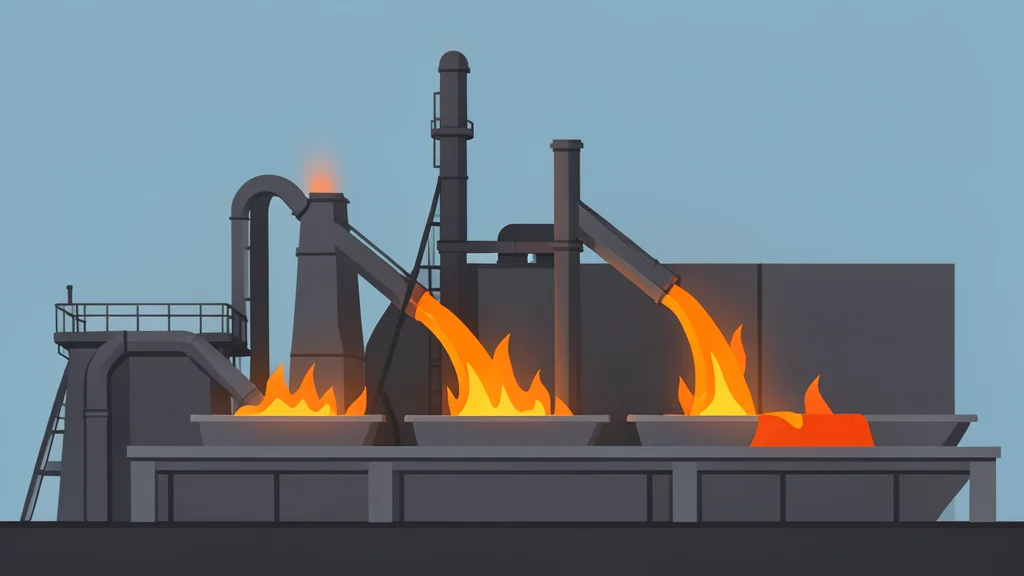 A large industrial steel mill with glowing orange molten metal flowing into molds
