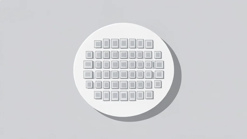 A flat vector illustration of a silicon wafer with a grid of square chips on a clean laboratory surface.