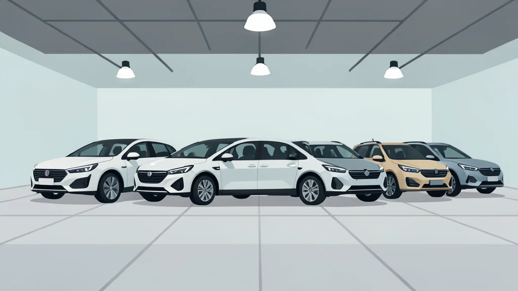 A row of modern electric vehicles parked on a paved exhibition floor under bright industrial lighting