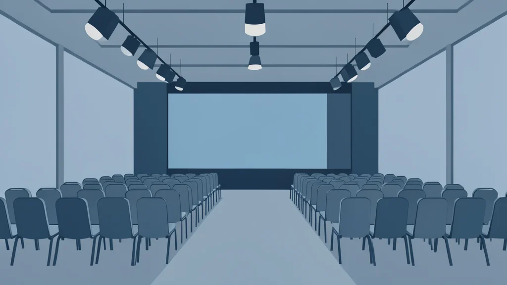 A vast convention hall with rows of empty chairs facing a simple stage.