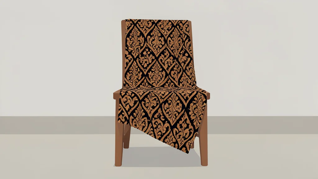 A traditional Malay songket fabric draped over a wooden chair in a quiet room