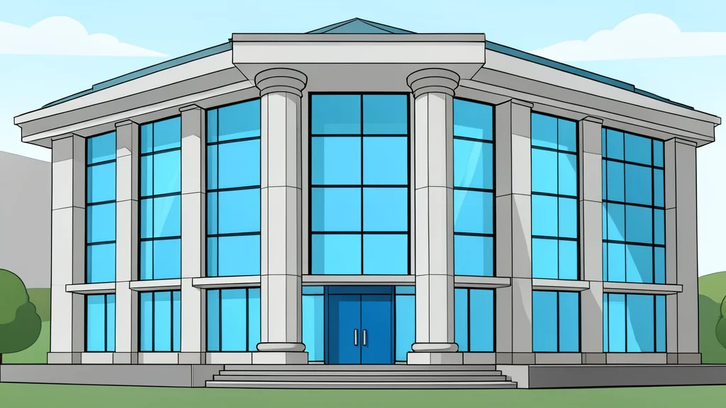 The exterior facade of a modern international courthouse with tall glass windows and stone columns
