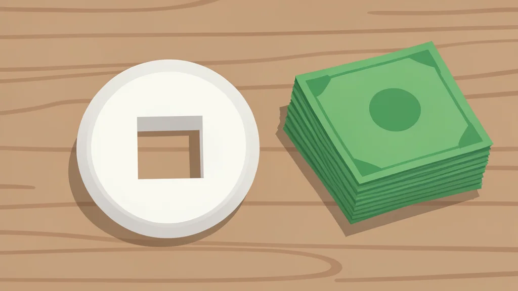 A traditional Japanese paper coin resting on a wooden table next to a stack of US dollar bills