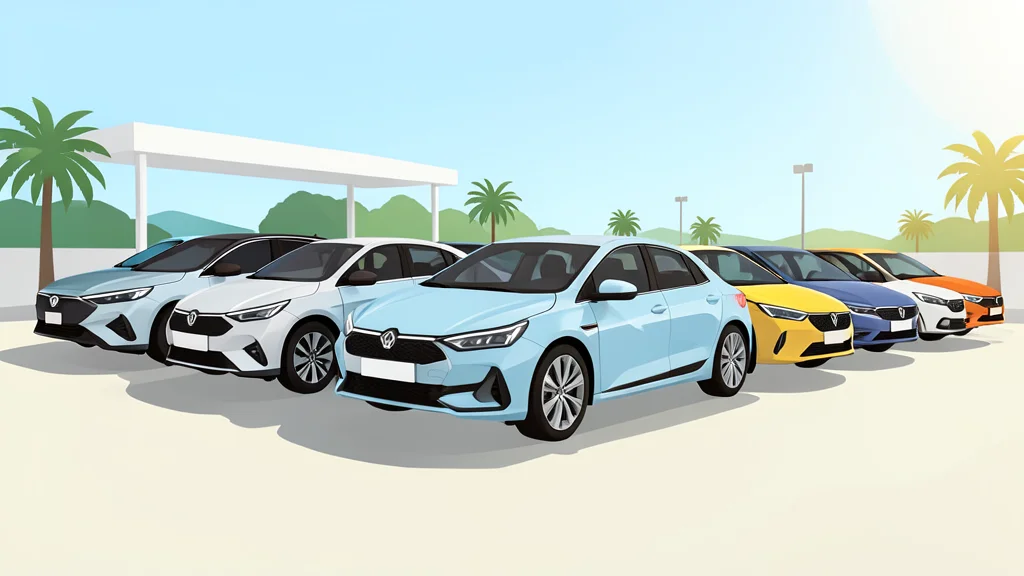 A row of modern electric cars parked in a sunlit outdoor exhibition space
