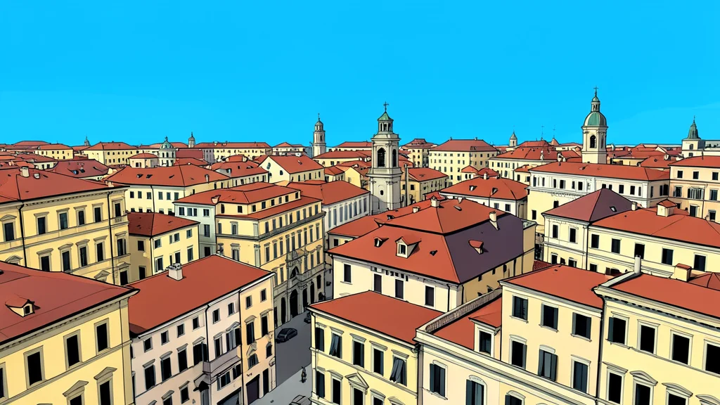 A high-altitude cityscape featuring Italian colonial architecture under a clear blue sky