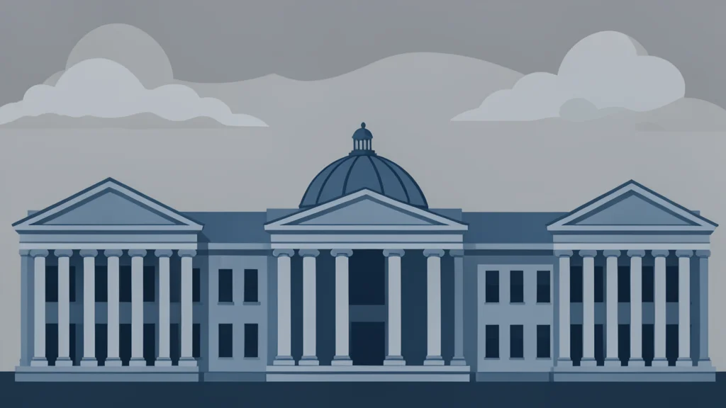 A cluster of classical bank buildings with columns and domes under a cloudy sky